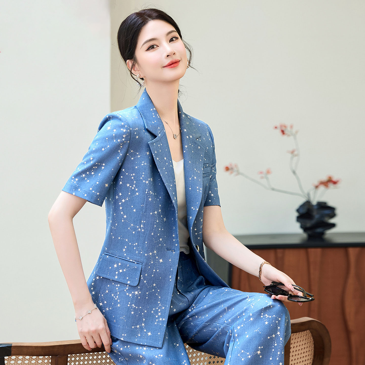 Yellow Formal Wear Women - Fashion Blue Yellow Short Sleeve Professional