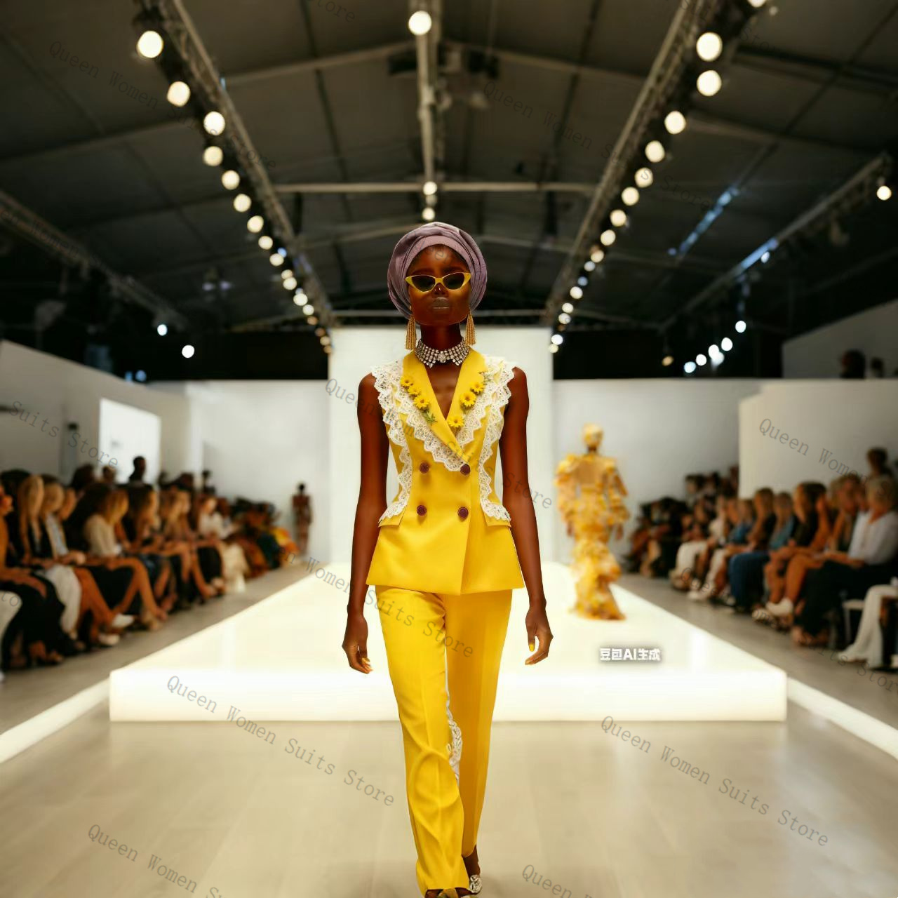 Yellow Formal Wear Women - Yellow White Lace Women Suit Pants