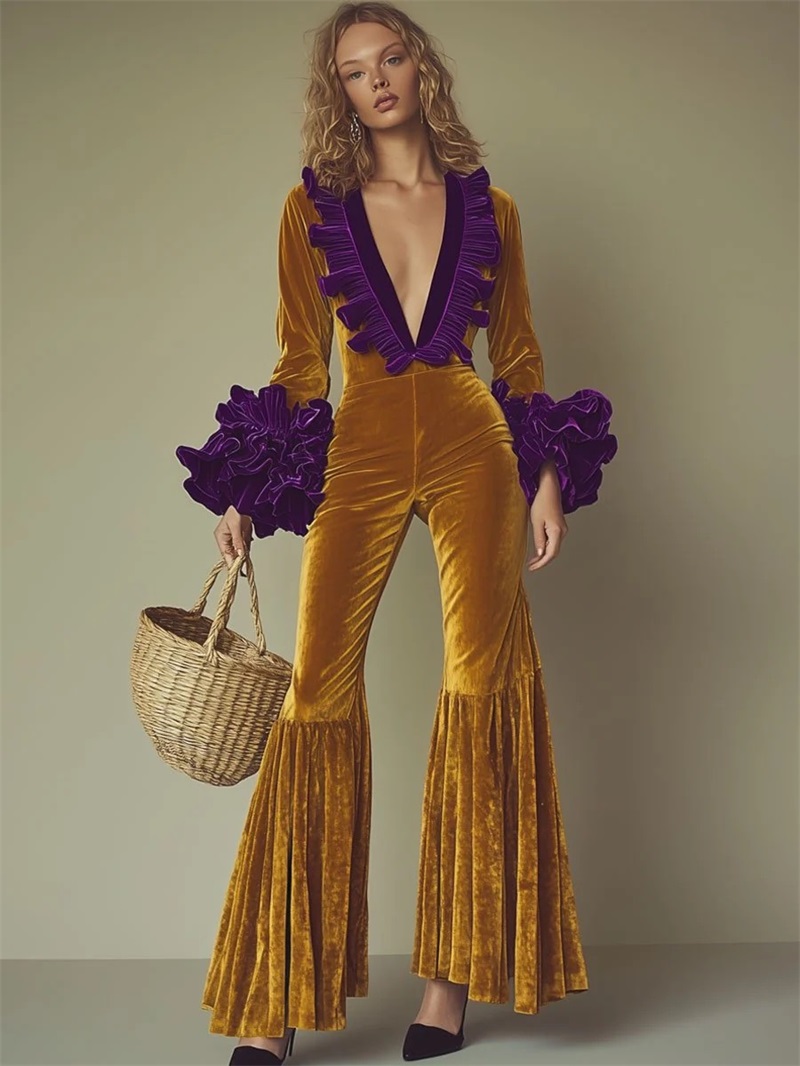Yellow Formal Wear Women - Yellow Purple Velvet Women Jumpsuit Sexy